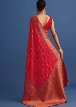 Red Banarasi Bandhani Satin Saree With Traditional Brocade Motifs On Border