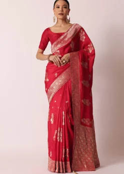 Red Banarasi Silk Saree With Woven Floral Motifs And Unstitched Blouse Piece