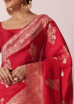 Red Banarasi Silk Saree With Woven Floral Motifs And Unstitched Blouse Piece