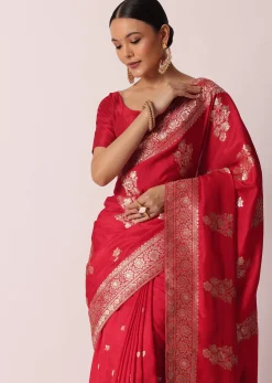 Red Banarasi Silk Saree With Woven Floral Motifs And Unstitched Blouse Piece