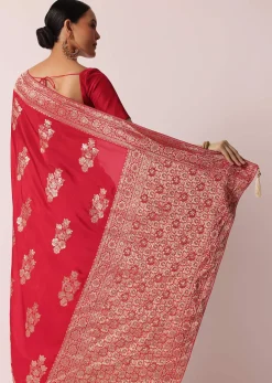 Red Banarasi Silk Saree With Woven Floral Motifs And Unstitched Blouse Piece
