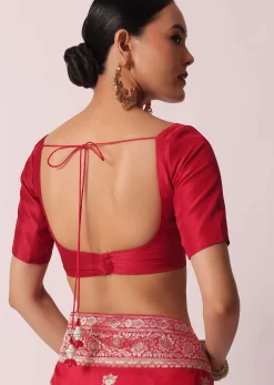 Red Banarasi Silk Saree With Woven Floral Motifs And Unstitched Blouse Piece