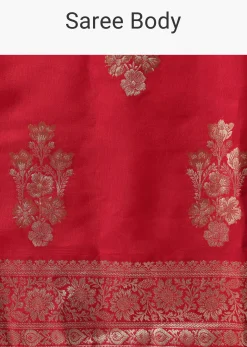Red Banarasi Silk Saree With Woven Floral Motifs And Unstitched Blouse Piece
