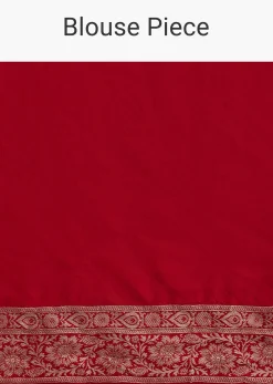Red Banarasi Silk Saree With Woven Floral Motifs And Unstitched Blouse Piece