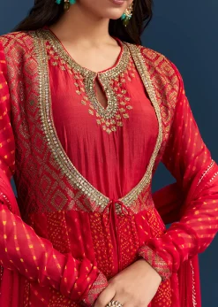 Red Bandhani And Leheriya Jacket Anarkali Suit In Georgette