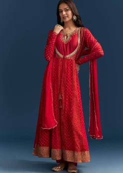 Red Bandhani And Leheriya Jacket Anarkali Suit In Georgette