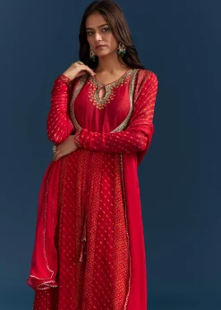 Red Bandhani And Leheriya Jacket Anarkali Suit In Georgette