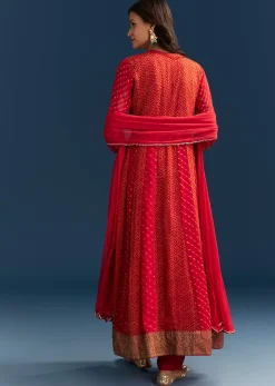 Red Bandhani And Leheriya Jacket Anarkali Suit In Georgette