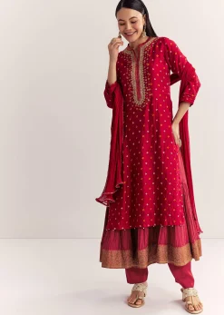 Red Bandhani Layered Silk Kurta Set With Dupatta