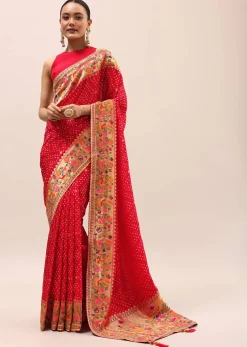 Red Bandhani Silk Saree With Unstitched Blouse