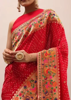Red Bandhani Silk Saree With Unstitched Blouse