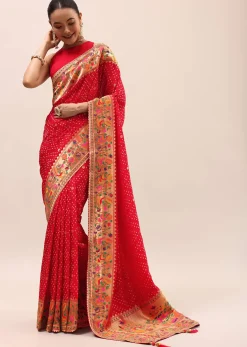 Red Bandhani Silk Saree With Unstitched Blouse