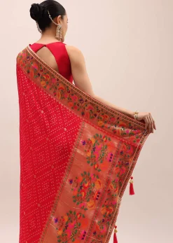 Red Bandhani Silk Saree With Unstitched Blouse