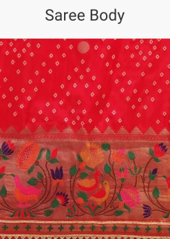 Red Bandhani Silk Saree With Unstitched Blouse