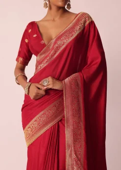 Red Bandhani Silk Woven Saree With Unstitched Blouse Piece