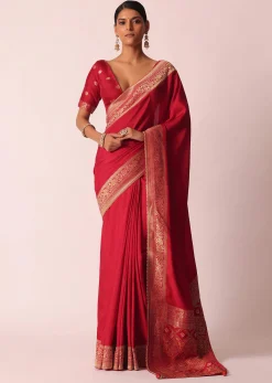Red Bandhani Silk Woven Saree With Unstitched Blouse Piece