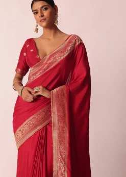Red Bandhani Silk Woven Saree With Unstitched Blouse Piece