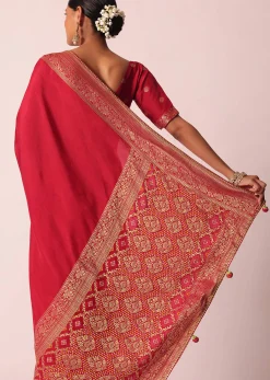 Red Bandhani Silk Woven Saree With Unstitched Blouse Piece