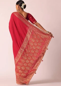 Red Bandhani Silk Woven Saree With Unstitched Blouse Piece
