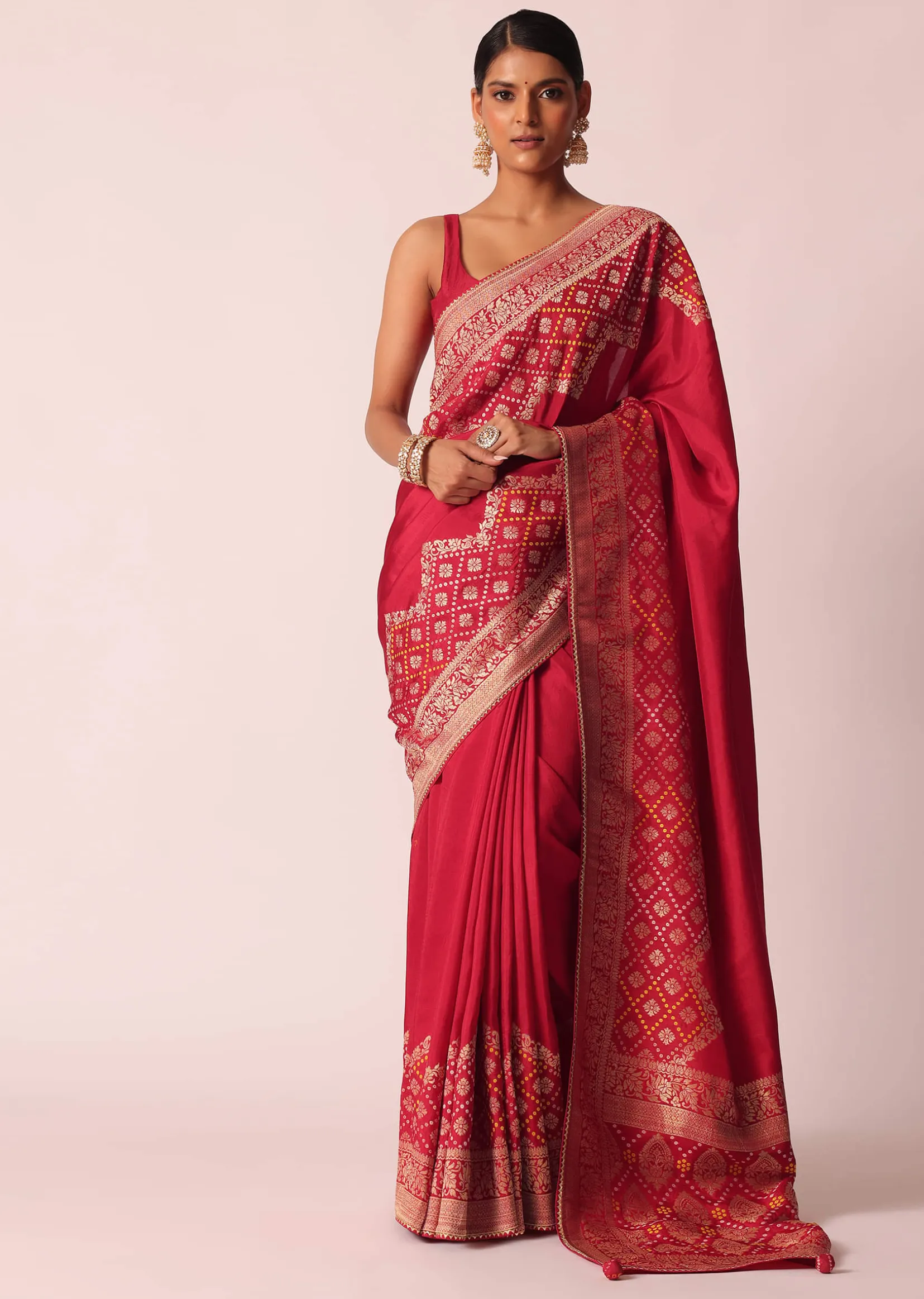 Red Bandhani Weave Saree In Silk With Unstitched Blouse Piece
