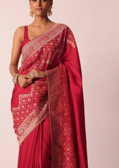 Red Bandhani Weave Saree In Silk With Unstitched Blouse Piece