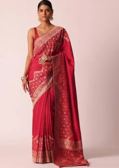 Red Bandhani Weave Saree In Silk With Unstitched Blouse Piece