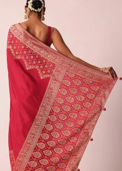 Red Bandhani Weave Saree In Silk With Unstitched Blouse Piece