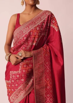Red Bandhani Weave Saree In Silk With Unstitched Blouse Piece