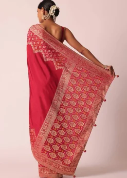 Red Bandhani Weave Saree In Silk With Unstitched Blouse Piece
