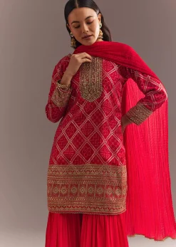 Red Bandhani Zari Kurta And Jacquard Sharara With Chiffon Dupatta