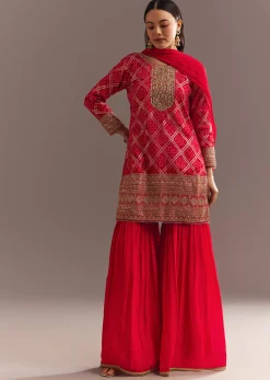 Red Bandhani Zari Kurta And Jacquard Sharara With Chiffon Dupatta