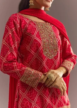 Red Bandhani Zari Kurta And Jacquard Sharara With Chiffon Dupatta