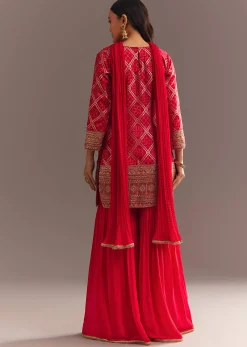 Red Bandhani Zari Kurta And Jacquard Sharara With Chiffon Dupatta