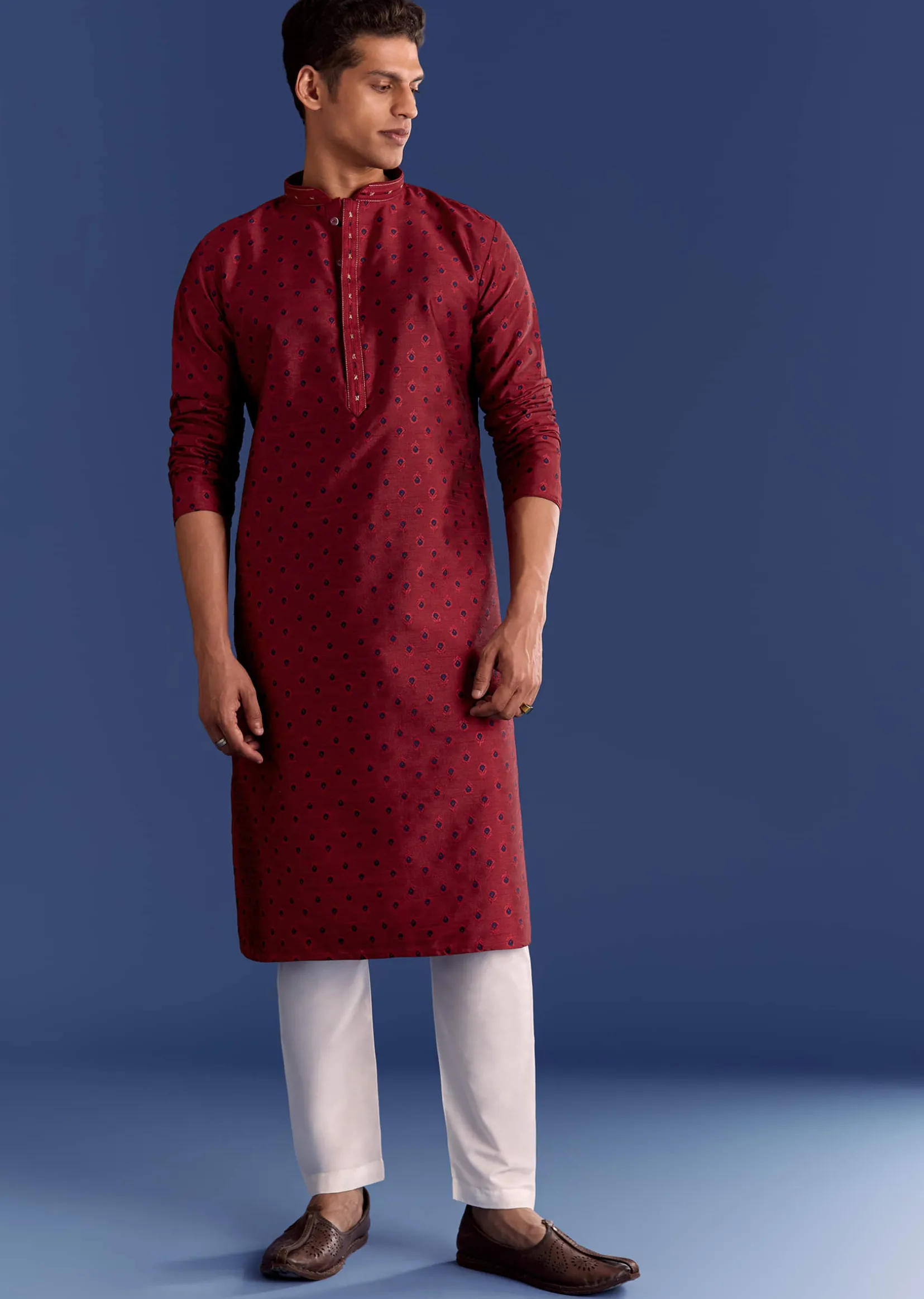Red Benaras Jacquard Kurta Set With Print