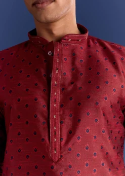 Red Benaras Jacquard Kurta Set With Print