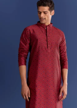 Red Benaras Jacquard Kurta Set With Print
