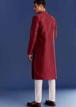 Red Benaras Jacquard Kurta Set With Print