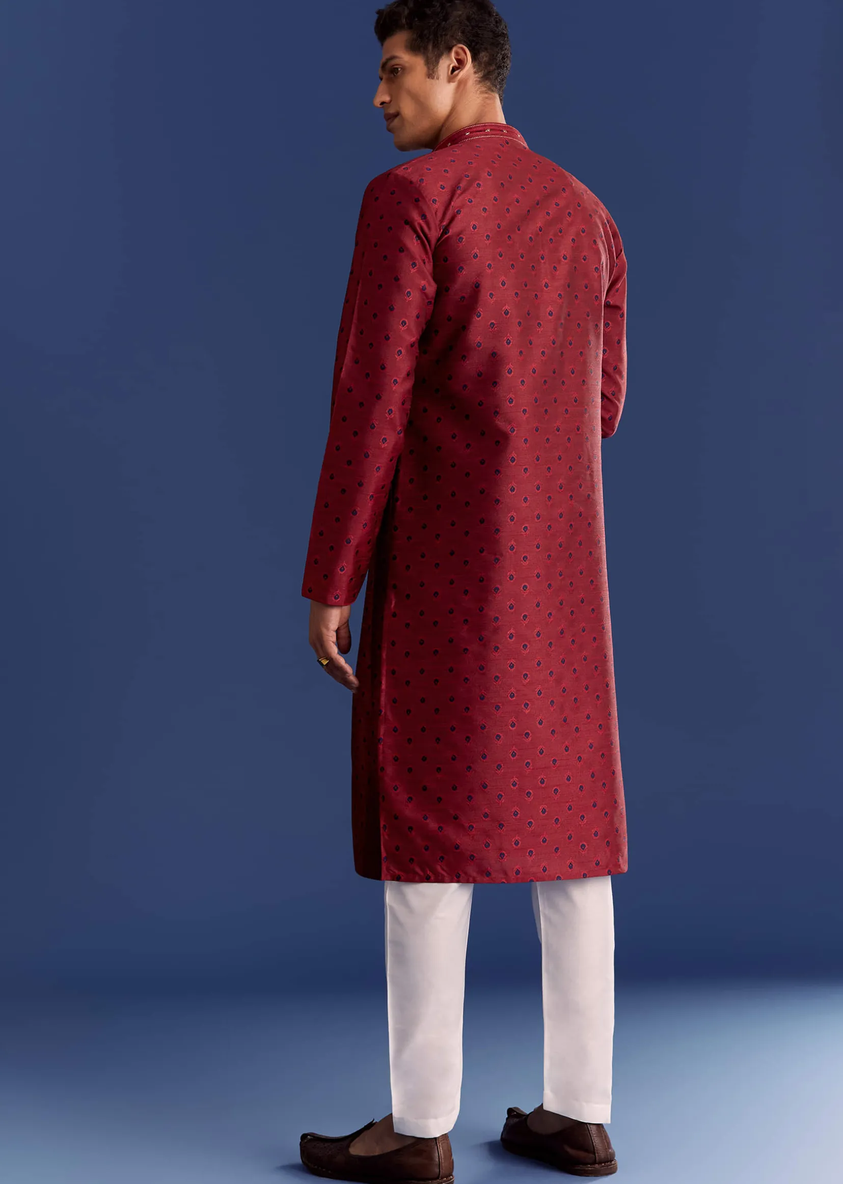 Red Benaras Jacquard Kurta Set With Print