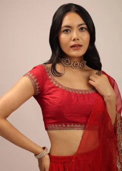 Red Blouse In Raw Silk With Cap Sleeves, Round Neckline And Zardosi Detailed Neckline
