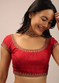 Red Blouse In Raw Silk With Cap Sleeves, Round Neckline And Zardosi Detailed Neckline