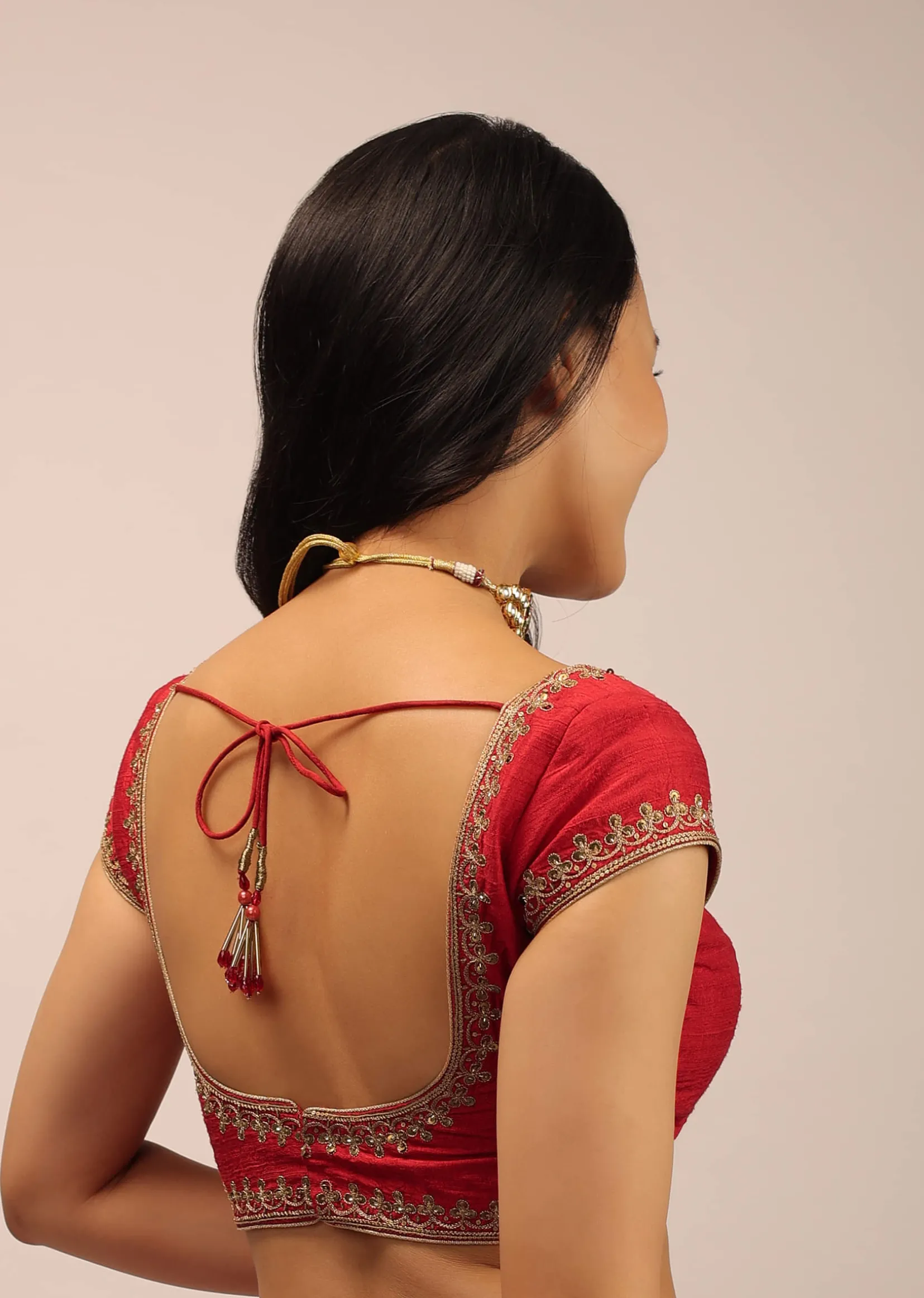 Red Blouse In Raw Silk With Cap Sleeves, Round Neckline And Zardosi Detailed Neckline