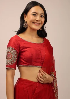 Red Blouse In Raw Silk With Half Sleeves And Zardosi Embroidered Motif On The Sleeves And Back