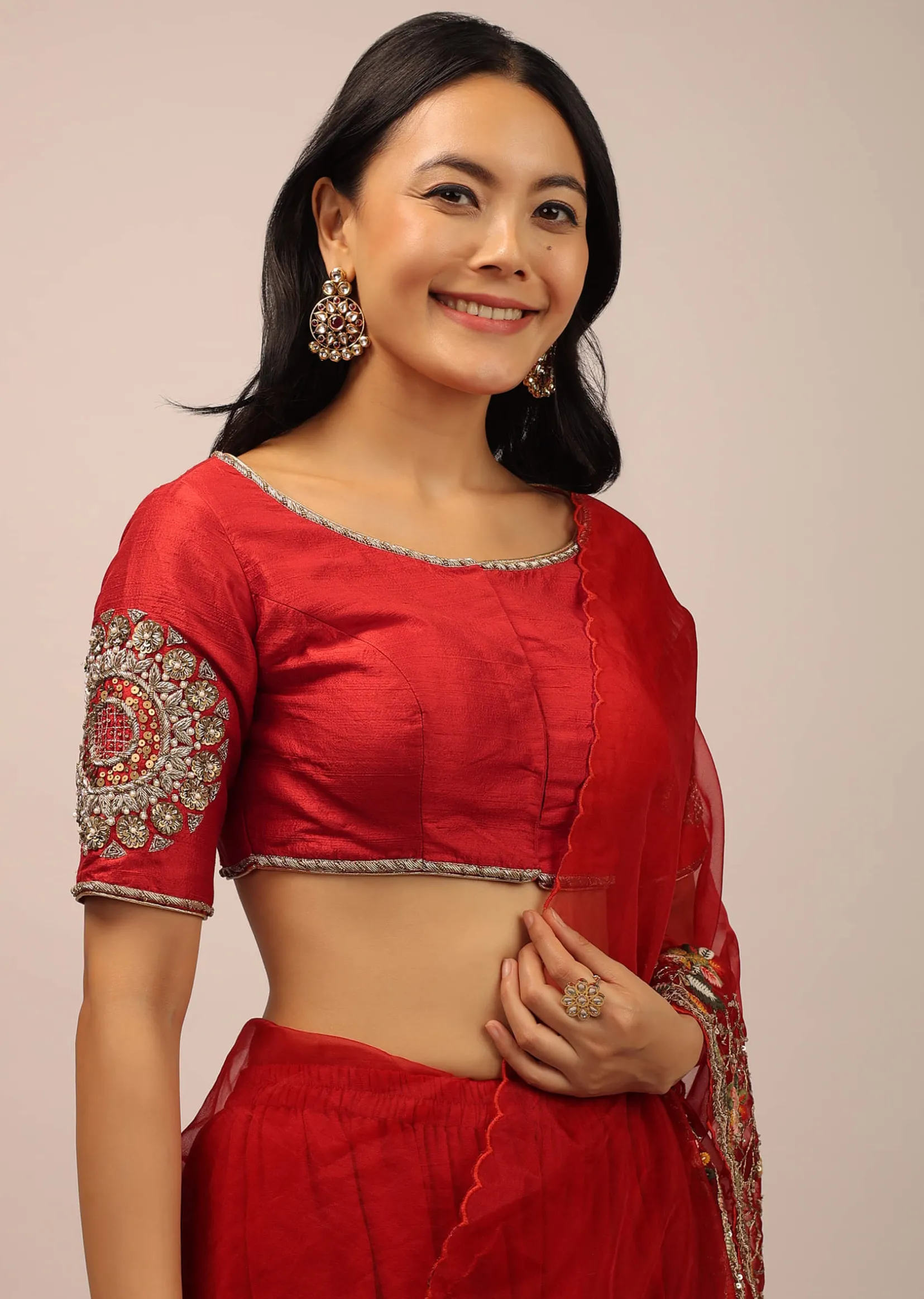 Red Blouse In Raw Silk With Half Sleeves And Zardosi Embroidered Motif On The Sleeves And Back