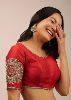 Red Blouse In Raw Silk With Half Sleeves And Zardosi Embroidered Motif On The Sleeves And Back