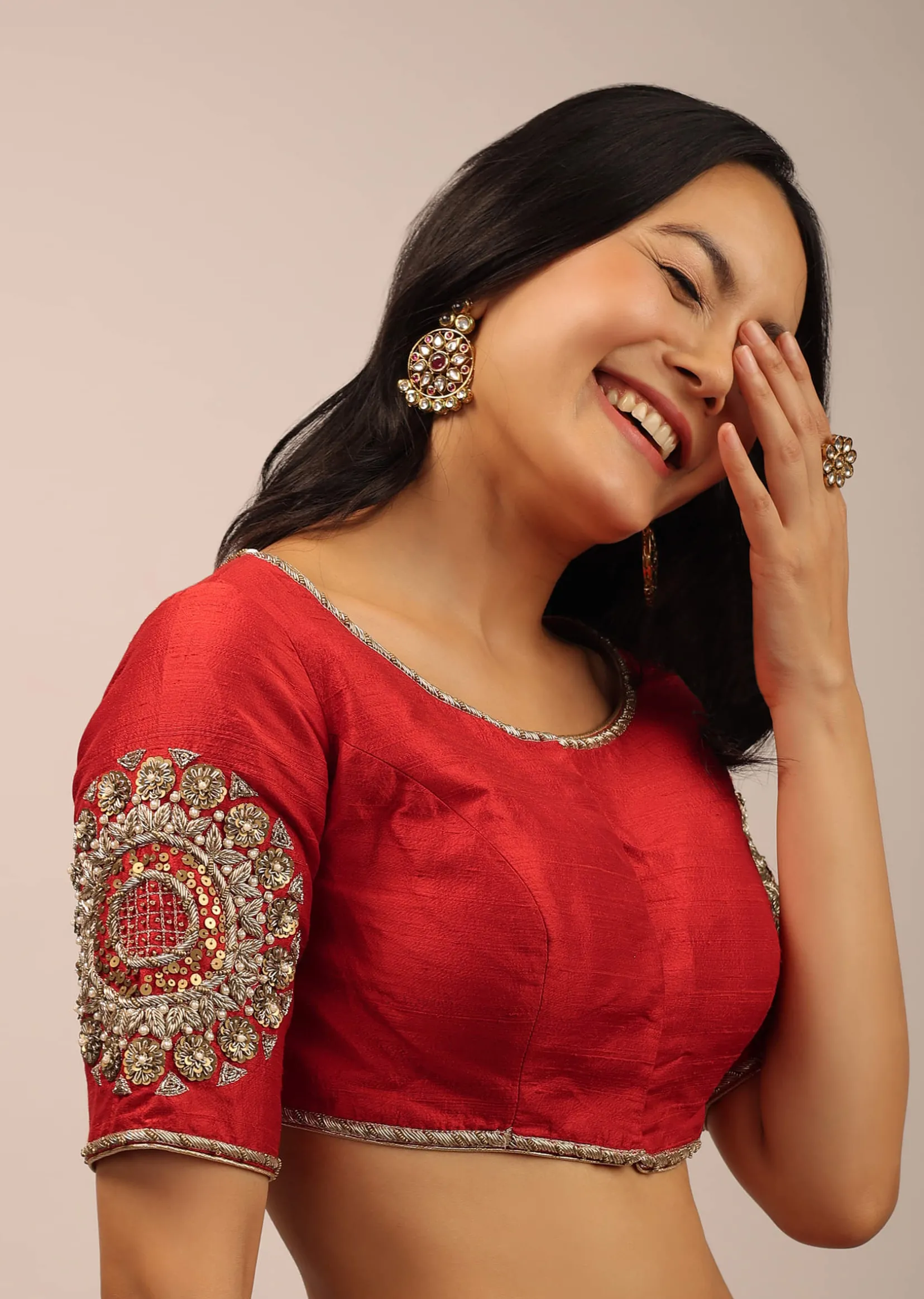 Red Blouse In Raw Silk With Half Sleeves And Zardosi Embroidered Motif On The Sleeves And Back