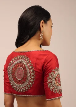 Red Blouse In Raw Silk With Half Sleeves And Zardosi Embroidered Motif On The Sleeves And Back