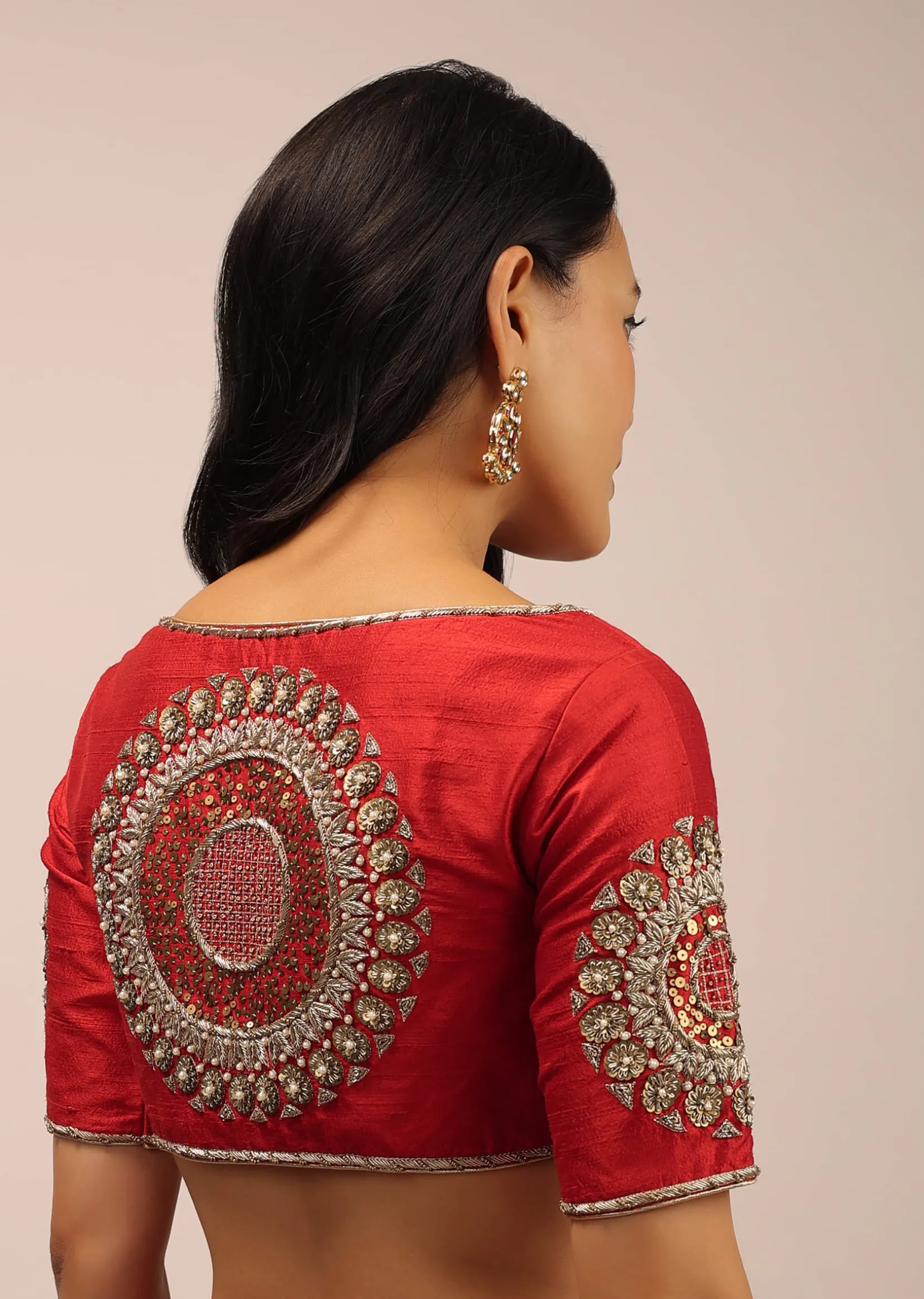 Red Blouse In Raw Silk With Half Sleeves And Zardosi Embroidered Motif On The Sleeves And Back
