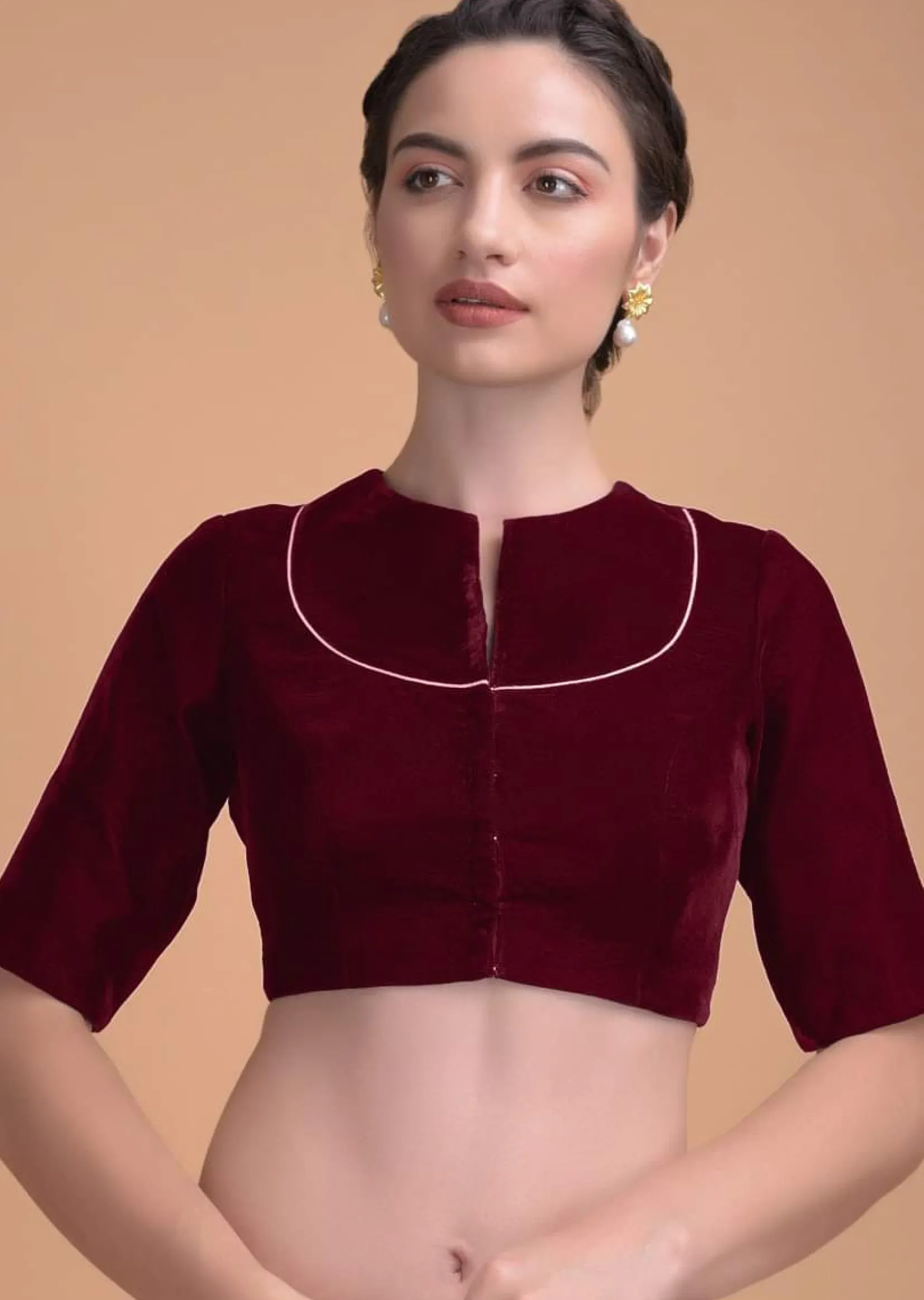 Red Blouse In Velvet With A Zari Lace Defining The Neckline