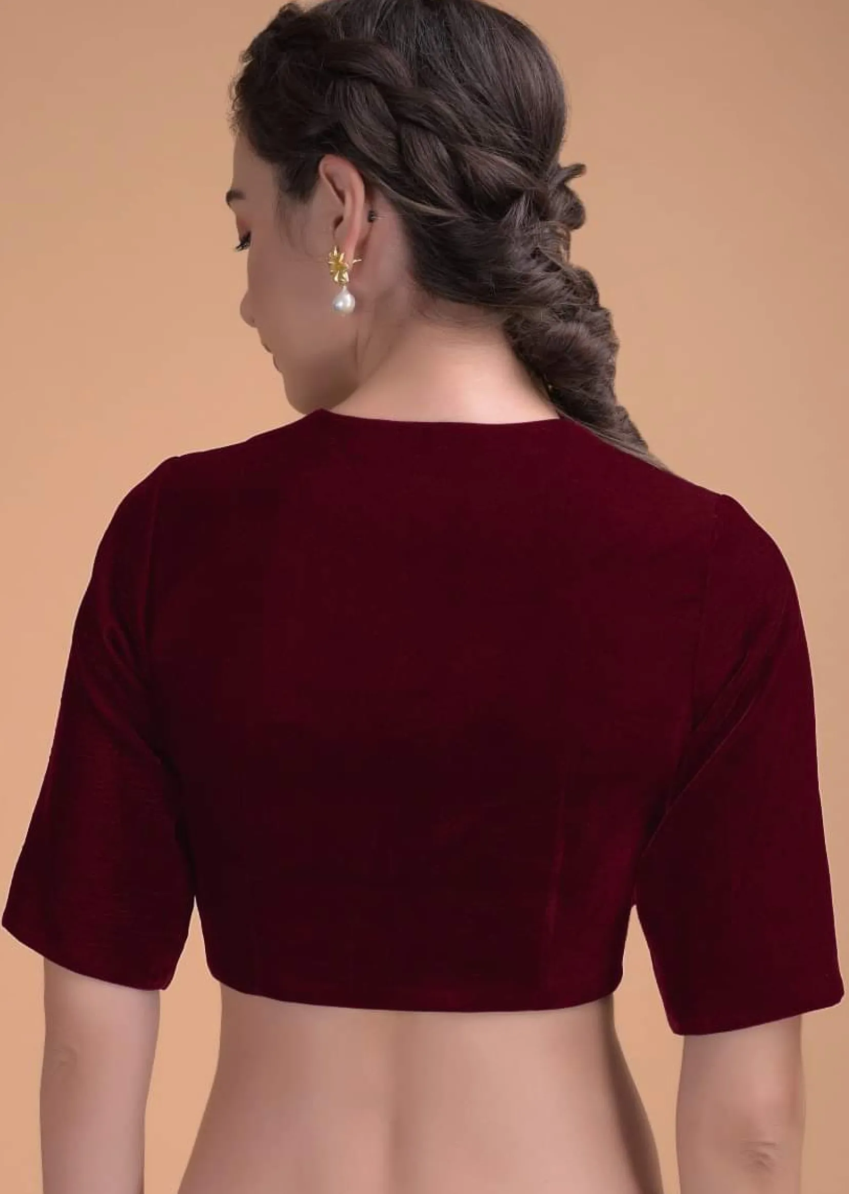 Red Blouse In Velvet With A Zari Lace Defining The Neckline