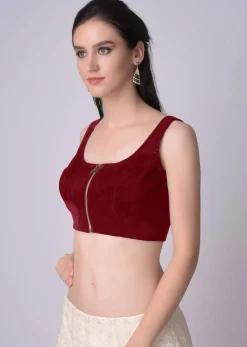 Red Blouse In Velvet With Front Zip Opening